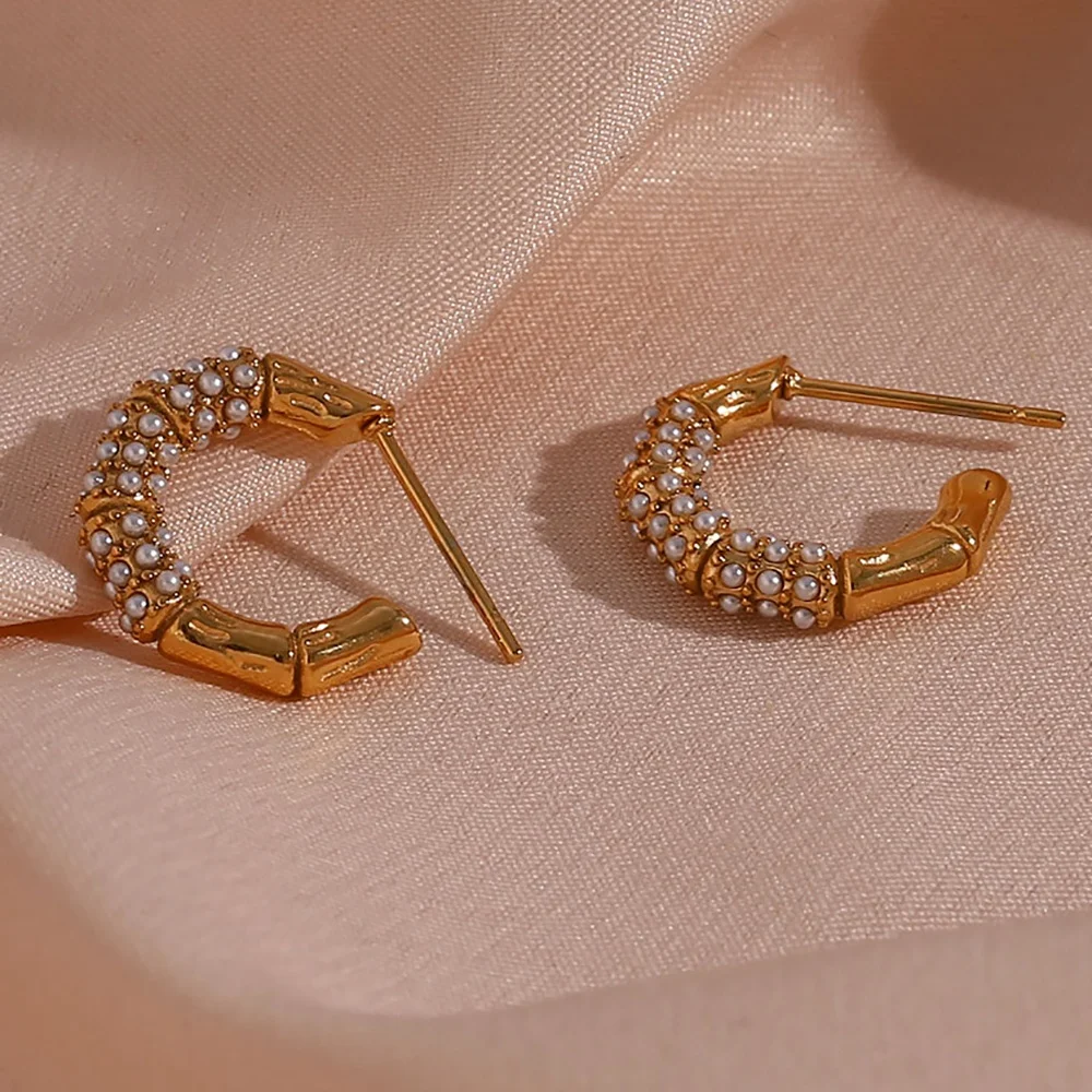 Tarnish Free Bamboo Shape Pearl Hoop Earring 18K Gold Plated Stainless Steel Earrings Jewelry Women
Tarnish Free Bamboo Shape Pearl Hoop Earring 18K Gold Plated Stainless Steel Earrings Jewelry Women