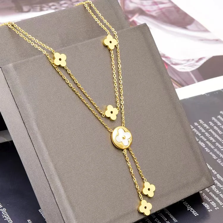 Korean version of the trend new shell flower tassel pendant stainless steel double necklace sweater chain fashion jewelry
Korean version of the trend new shell flower tassel pendant stainless steel double necklace sweater chain fashion jewelry