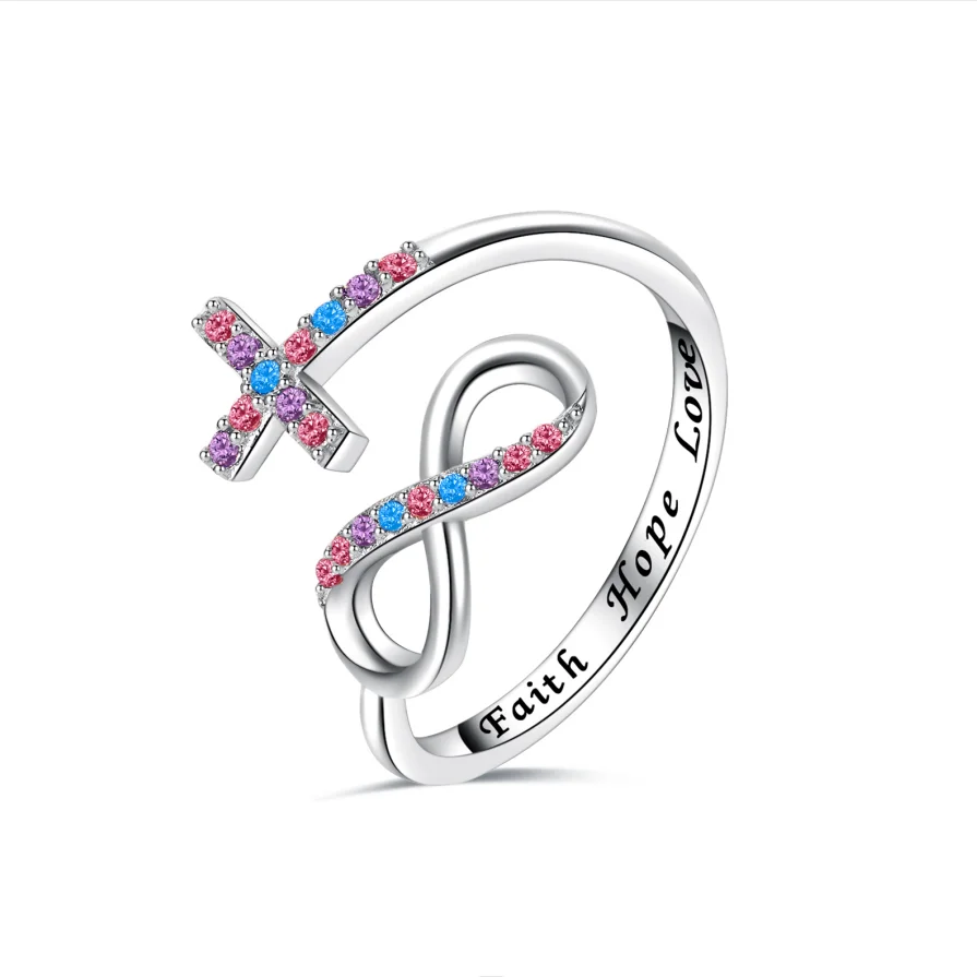 

Slovehoony Colorful Zirconia Infinity Cross Ring 925 Sterling Silver Faith Hope Love Ring