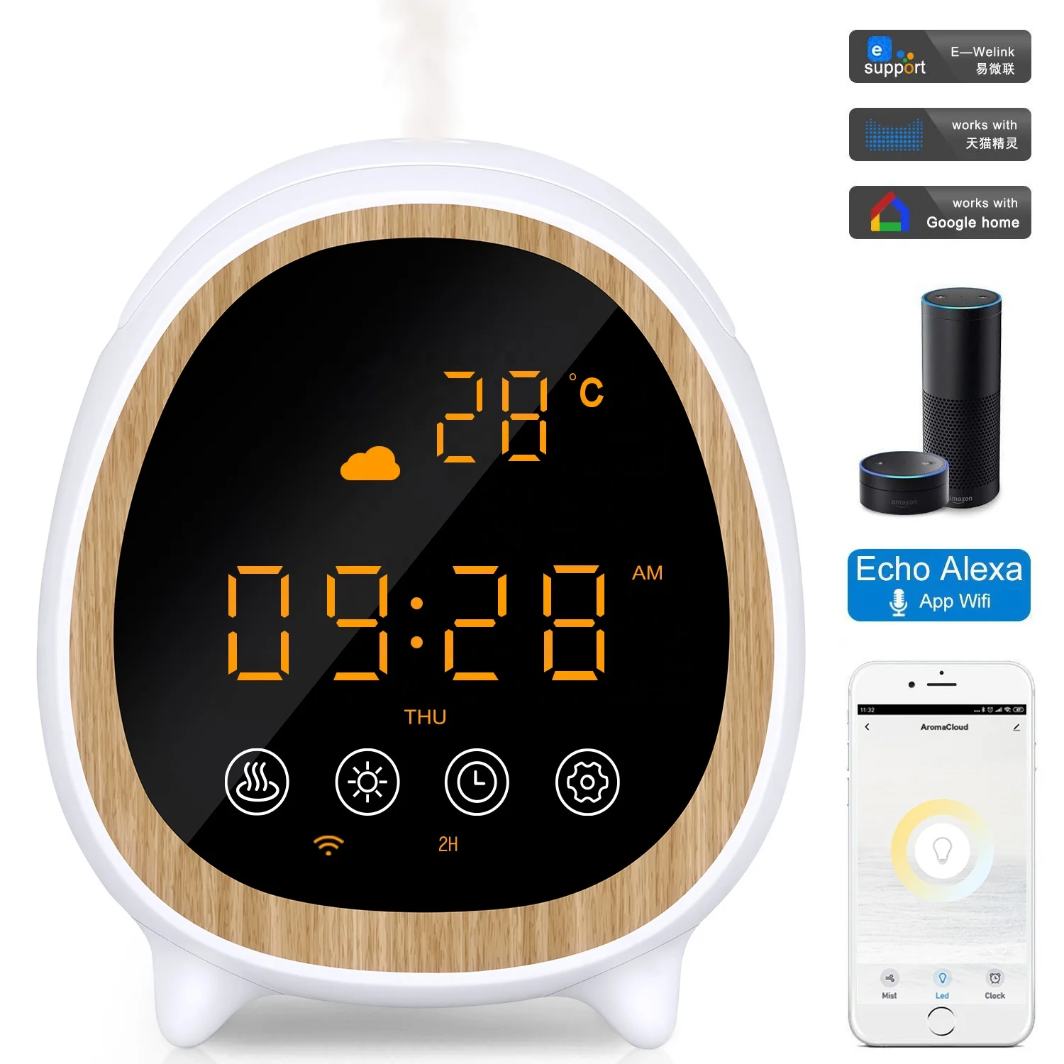 Smart Home Appliances Wood Frame Tuya Smart WIFI Clock Essential Oil Diffuser for Home
Smart Home Appliances Wood Frame Tuya Smart WIFI Clock Essential Oil Diffuser for Home