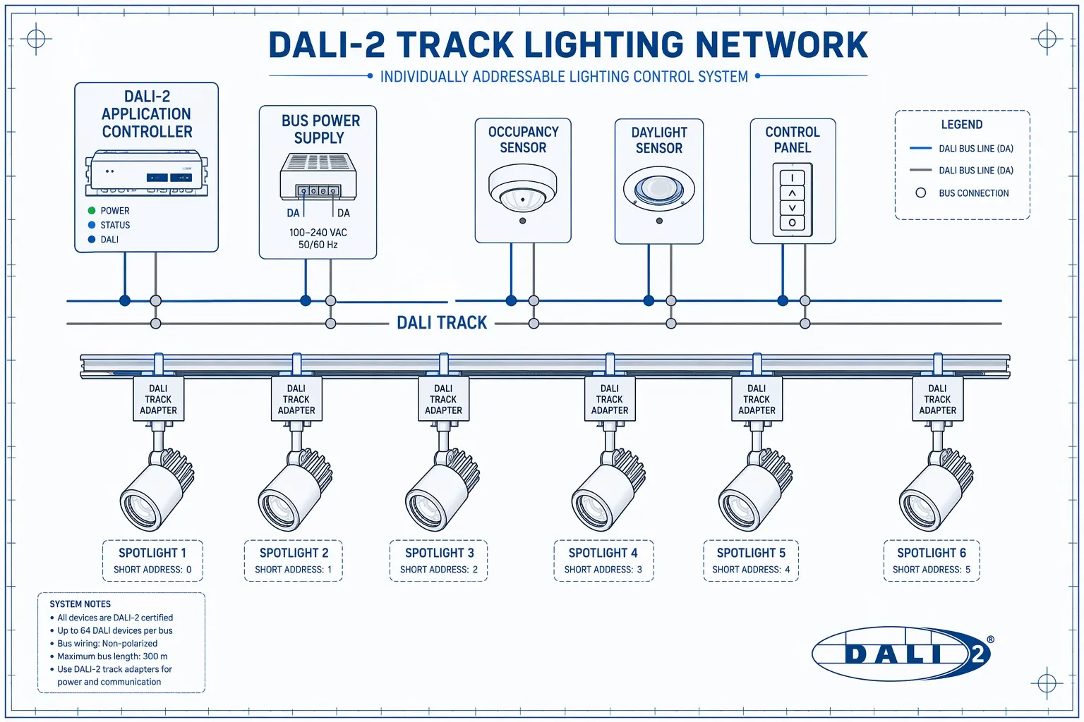 DALI-2 címezhető pályavilágítási rendszer architektúrája dali-2-track-lighting-system-architecture-diagram