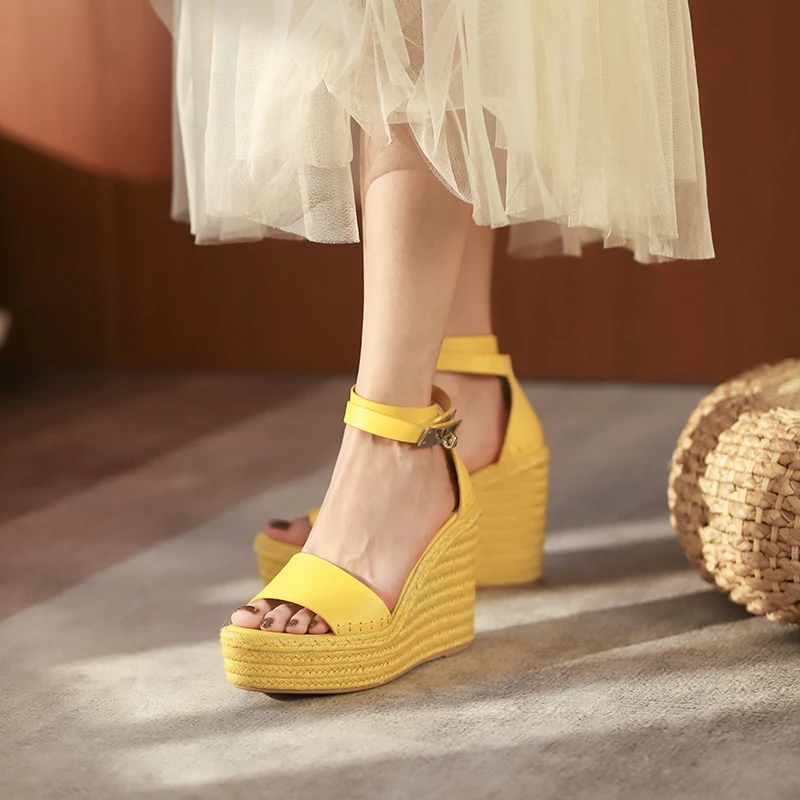 

Wedge Heel Straw Weaving Word Roman Shoes Thick Sole Super High Heel Fashion Comfortable Fish Mouth Open Toe New Women's Sandals