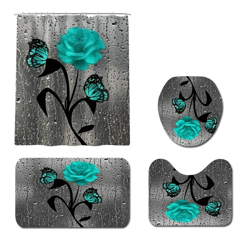 Teal Gray Rose Shower Curtain Sets With Non-Slip Rug, Toilet Lid Cover And Bath Mat,Waterproof Raindrops Shower Curtains
Teal Gray Rose Shower Curtain Sets With Non-Slip Rug, Toilet Lid Cover And Bath Mat,Waterproof Raindrops Shower Curtains