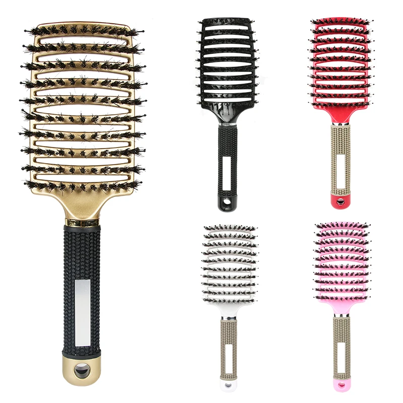 

Private Label Curly Wig Brush Curved Plastic Rubber Tangle Vent Detangling Wet Paddle Boar Bristle Hair Brush, Gold,customized color accepted