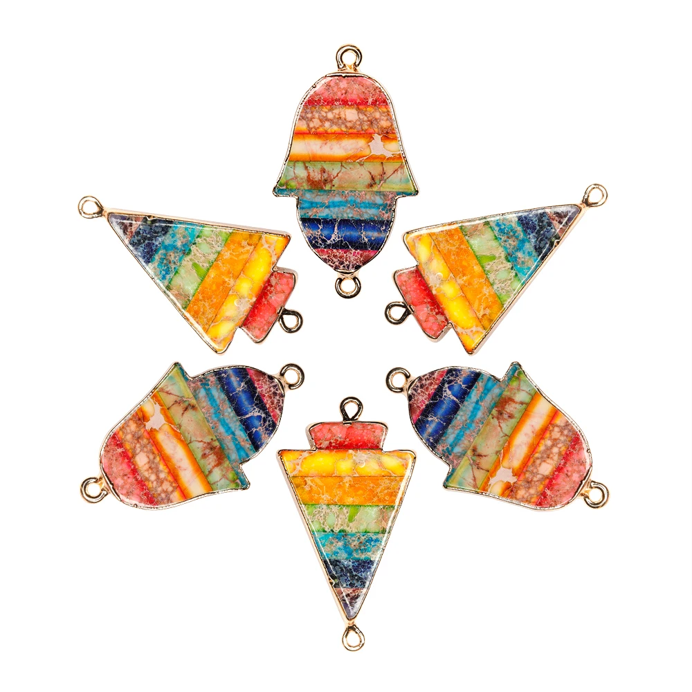 Colorful Natural Stone Jewelry Double Loops Pendant Charm Fatima Hand Shaped Necklace with Gold Wire Plated
Colorful Natural Stone Jewelry Double Loops Pendant Charm Fatima Hand Shaped Necklace with Gold Wire Plated