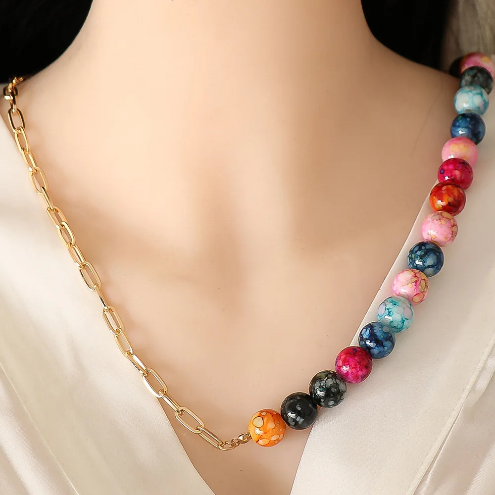 Ding yi Bohemian style colored flower orb chain splicing necklace female irregular alloy necklace, Colorful
Ding yi Bohemian style colored flower orb chain splicing necklace female irregular alloy necklace, Colorful