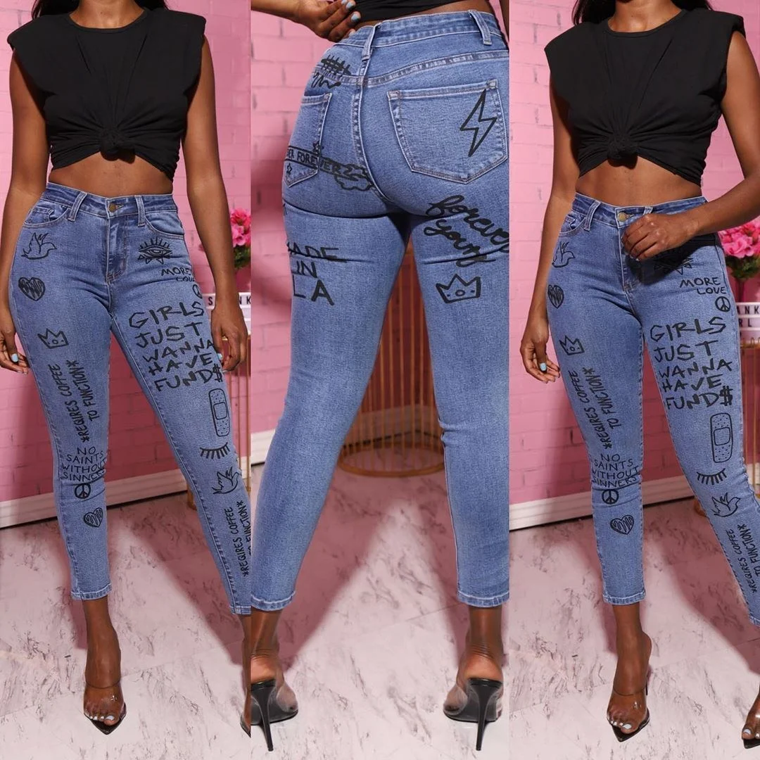 Street Fashion Ladies Mid Waist Blue Stretch Denim Pants Pencil Trousers Skinny Women Graffiti Print Jeans, As pictures show 
Street Fashion Ladies Mid Waist Blue Stretch Denim Pants Pencil Trousers Skinny Women Graffiti Print Jeans, As pictures show