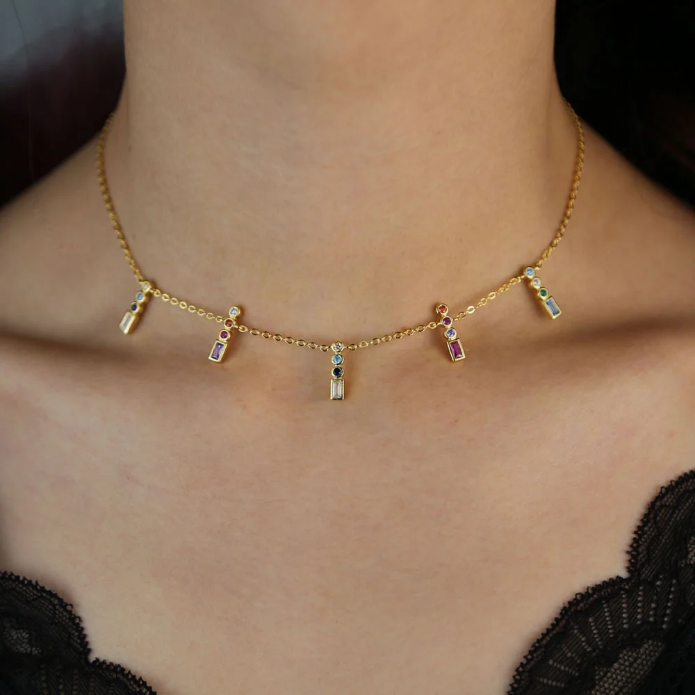 Colorful 5pc tiny cz bar paved Baguette gold color chain choker necklaces for Women rainbow trendy geometric delicate jewelry, Black
Colorful 5pc tiny cz bar paved Baguette gold color chain choker necklaces for Women rainbow trendy geometric delicate jewelry, Black