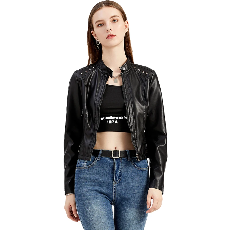 2021 autumn winter new rivet short leather clothes women's fashion long sleeve slim thin coat stand collar women's jacket
2021 autumn winter new rivet short leather clothes women's fashion long sleeve slim thin coat stand collar women's jacket