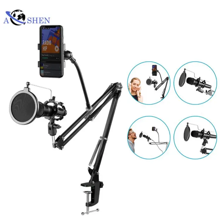 Adjustable Microphone desktop stand Scissor Arm Pop Filter Shockproof Frame Mobile Phone Holder for ipad, Black
Adjustable Microphone desktop stand Scissor Arm Pop Filter Shockproof Frame Mobile Phone Holder for ipad, Black