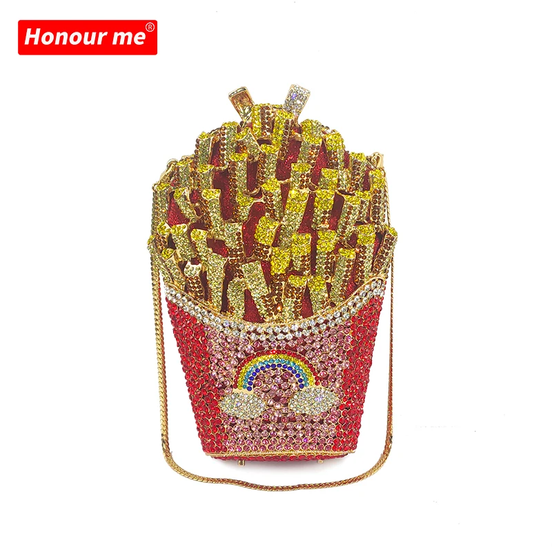

New Arrival Custom Lady Chips/French fries Rhinestone Chains Purse Glitter Fancy Bag Luxury Women Party Clutch Evening Bags