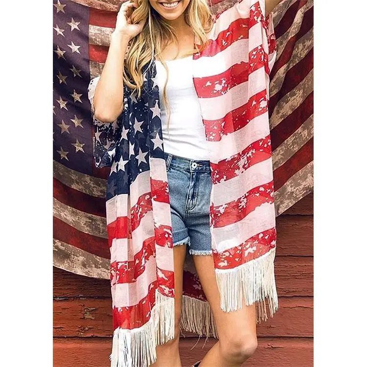 PEARL Flag Star Striped Panelled Printed Tassels Chiffon Women Coat Loose Plus Size Cardgian Ladies' Blouses
PEARL Flag Star Striped Panelled Printed Tassels Chiffon Women Coat Loose Plus Size Cardgian Ladies' Blouses