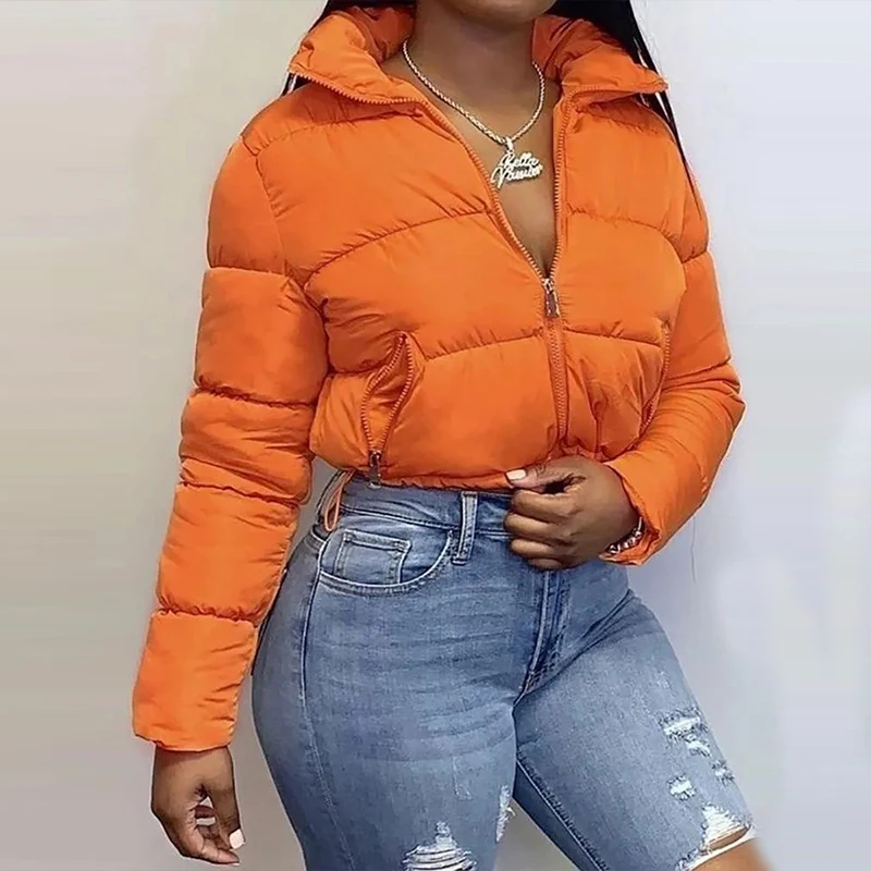 

2021 women fashion fall clothes warm winter solid color women bomber jacket in orange Puffer Bubble Girls Down Coats, Green/orange/yellow/black/shallow apricot