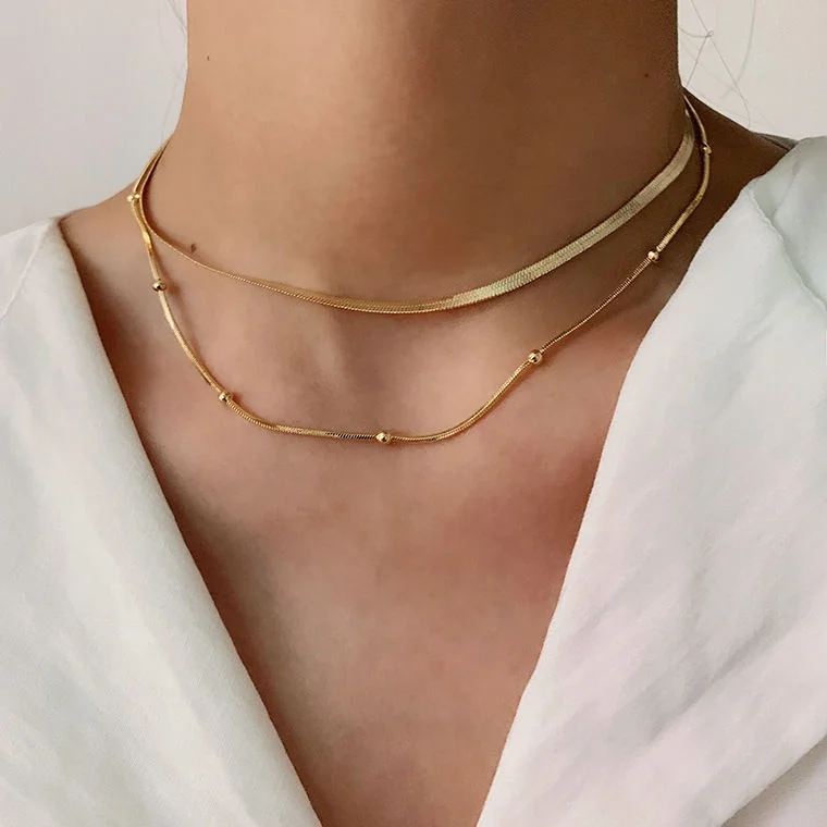 

Trendy 14K Gold Plated Double Layer Necklace Jewelry Stainless Steel Beaded Round Snake Herringbone Flat Chain Layered Necklaces