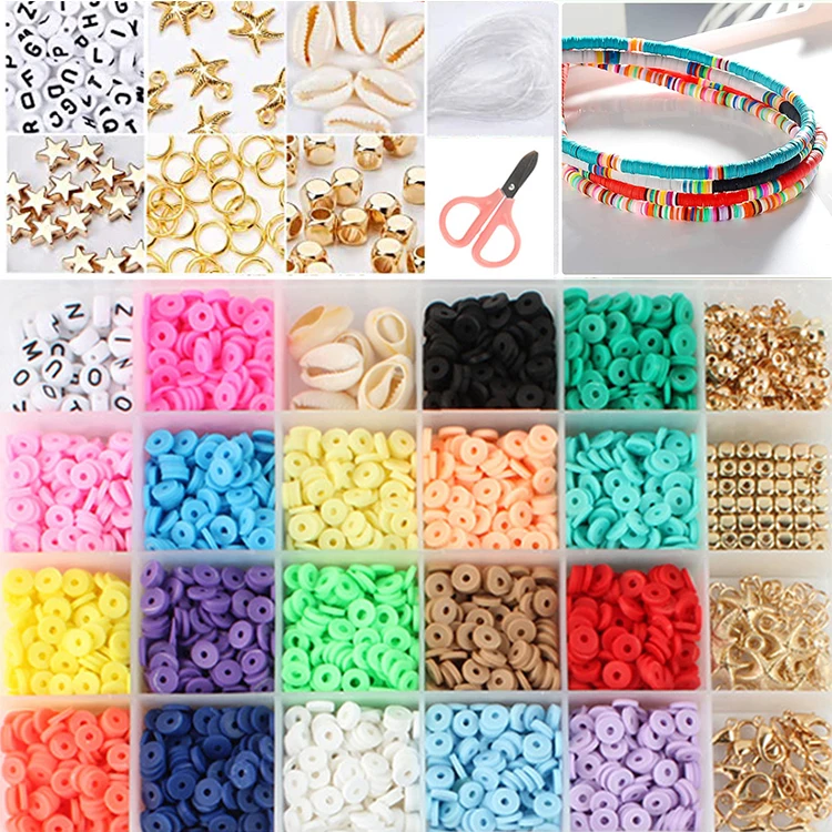 

24 grids mixed color soft fimo spacer polymer clay beads kits bracelets diy flat round polymer clay beads set for jewelry making, Multi