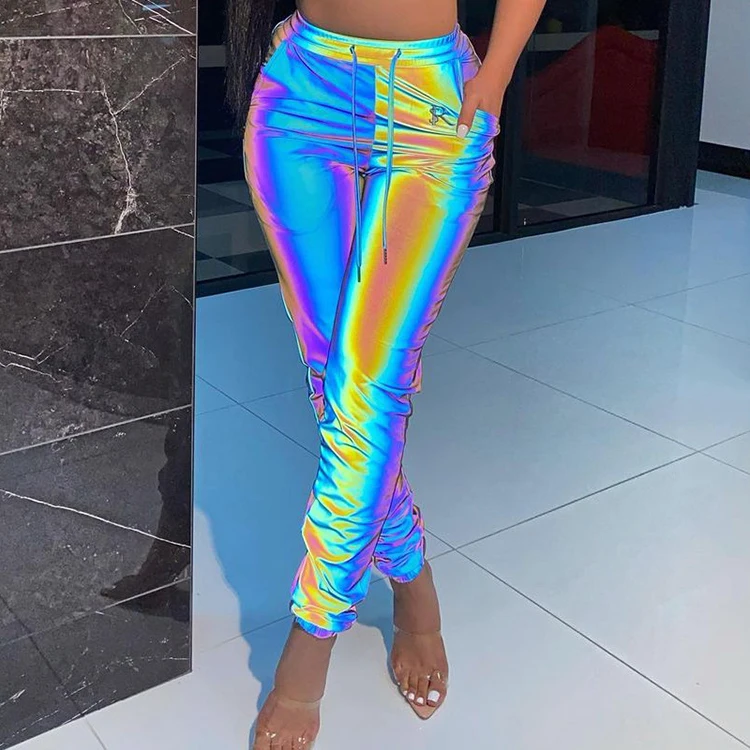 Fashionable Novelty Colourful Reflection Design Women High Waist Pockets Trousers Ladies Drawstring Reflective Pants With Pocket, Yellow
Fashionable Novelty Colourful Reflection Design Women High Waist Pockets Trousers Ladies Drawstring Reflective Pants With Pocket, Yellow