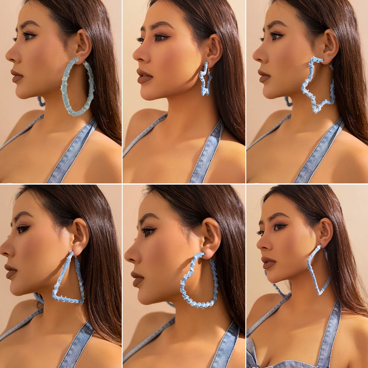 

Exaggerated Punk Jewelry Geometric Heart Triangle Star Hoop Earrings Fashion French Style Big Circle Blue Denim Hoop Earrings