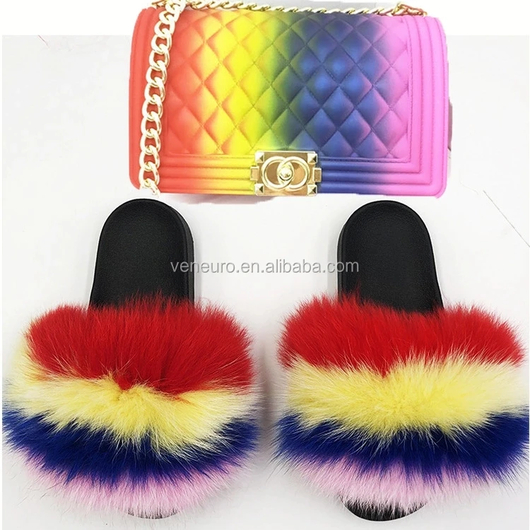 2020 new wholesale Rainbow color two piece set fur sandals jelly purses handbags with matching real fox fur slides for women, Customized color
2020 new wholesale Rainbow color two piece set fur sandals jelly purses handbags with matching real fox fur slides for women, Customized color
