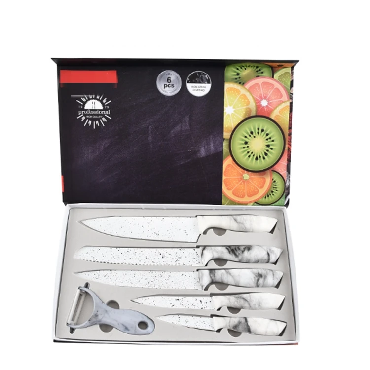 Amazon New 6Pcs Gift Box Non Stick Stainless Steel Kitchen Knives Peeler Fancy Gifts Professional Marble Coating Knife Set, Mable coating
Amazon New 6Pcs Gift Box Non Stick Stainless Steel Kitchen Knives Peeler Fancy Gifts Professional Marble Coating Knife Set, Mable coating