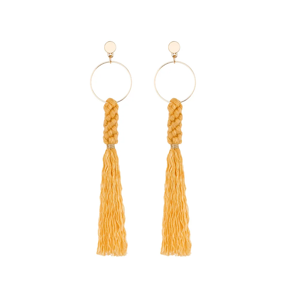 European Summer Gold Circle Handmade Braided Yellow Cotton Thread Tassel Drop Earrings Long Tassel Statement Earrings, As pictures
European Summer Gold Circle Handmade Braided Yellow Cotton Thread Tassel Drop Earrings Long Tassel Statement Earrings, As pictures