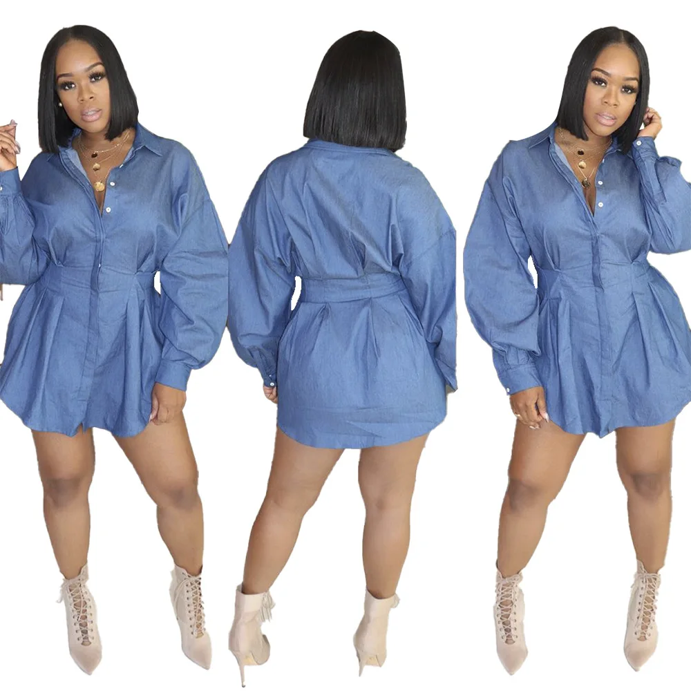 Fall Women Denim Lapel Solid Color Mid Waist Cardigan Skirt Blue Dress Women Casual Long Sleeve Plus Size Dress, Picture color
Fall Women Denim Lapel Solid Color Mid Waist Cardigan Skirt Blue Dress Women Casual Long Sleeve Plus Size Dress, Picture color