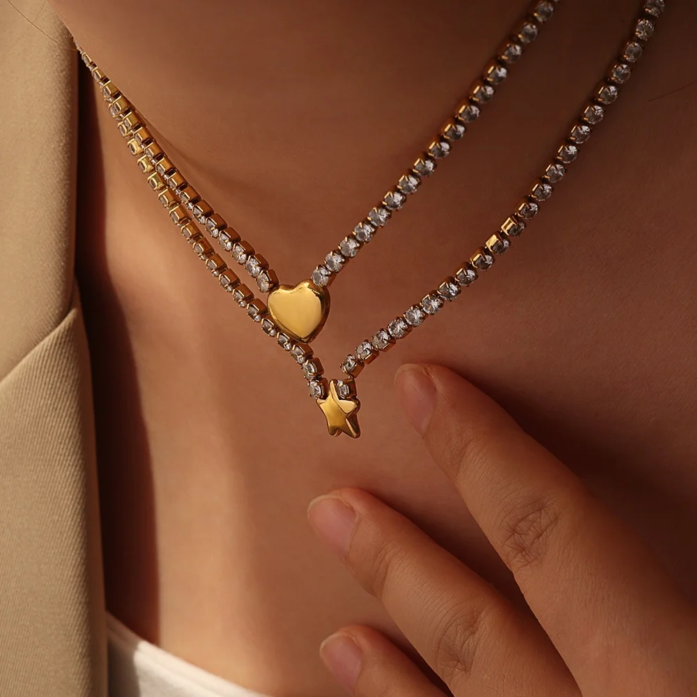 Hot Selling 18k Gold Plated Full Zircon Choker Stainless Steel Tennis Chain Cubic Zirconia Heart/Star Pendant Necklace
Hot Selling 18k Gold Plated Full Zircon Choker Stainless Steel Tennis Chain Cubic Zirconia Heart/Star Pendant Necklace