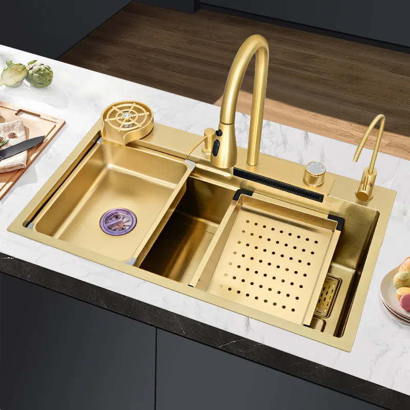 

MCBKRPDIO Smart Kitchen Sink Hand Made Kitchen Sink Waterfall Kitchen Sink Gold Stainless Steel Graphic Design Square Modern SUS
