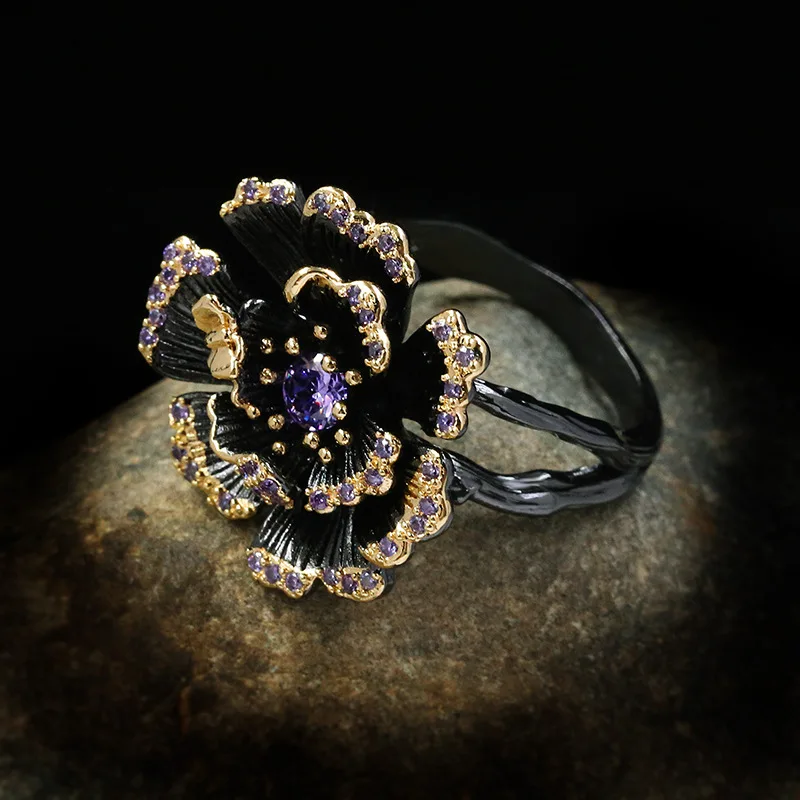 New Vintage High Jewelry Floral Purple Zircon Chinese Gold Exaggerated Black Gold Ring Woman
New Vintage High Jewelry Floral Purple Zircon Chinese Gold Exaggerated Black Gold Ring Woman