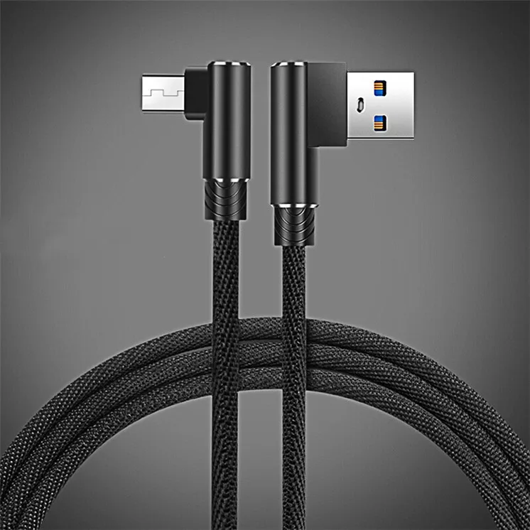 

Top Sales 1M/2M/3M Double 90 Degree Bend Head 2A Braided Fast Charging USB Cable, Type C Micro USB C Cable