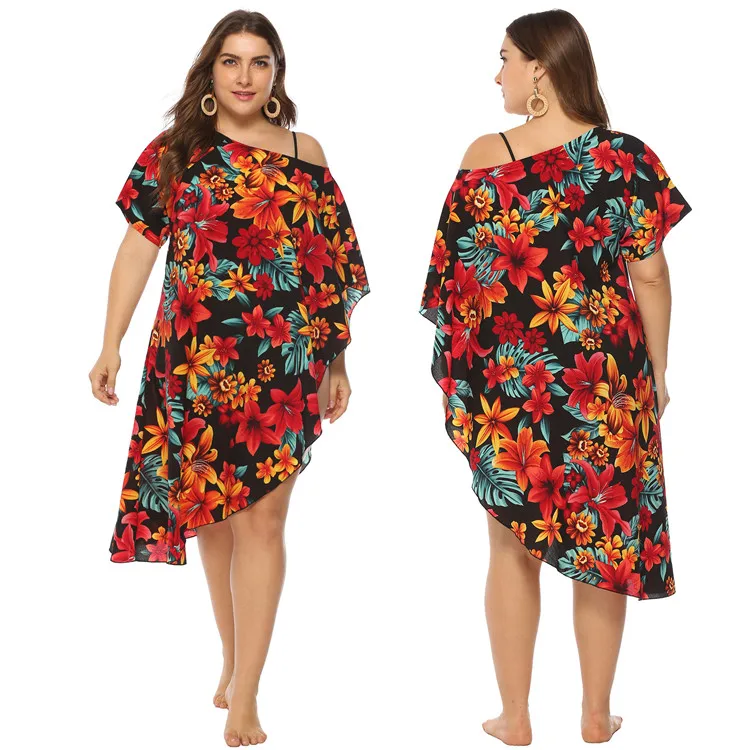 Large size women's plant printing irregular off-shoulder neckline loose beach blouse dress women 
Large size women's plant printing irregular off-shoulder neckline loose beach blouse dress women