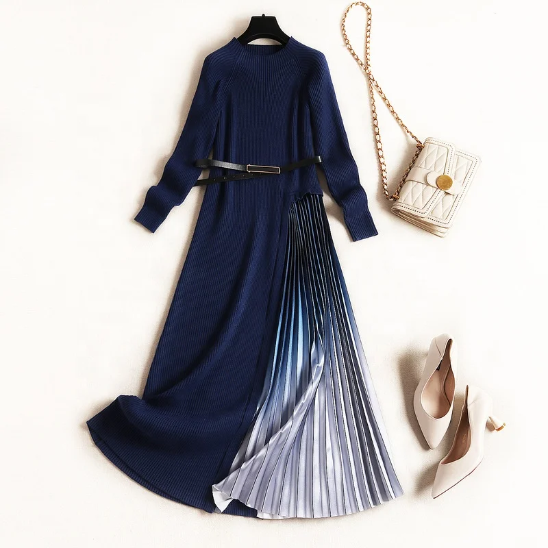 B24289A Lady Temperament knitted dress fashion stitching a-line dress gradient color long dress, Navy
B24289A Lady Temperament knitted dress fashion stitching a-line dress gradient color long dress, Navy