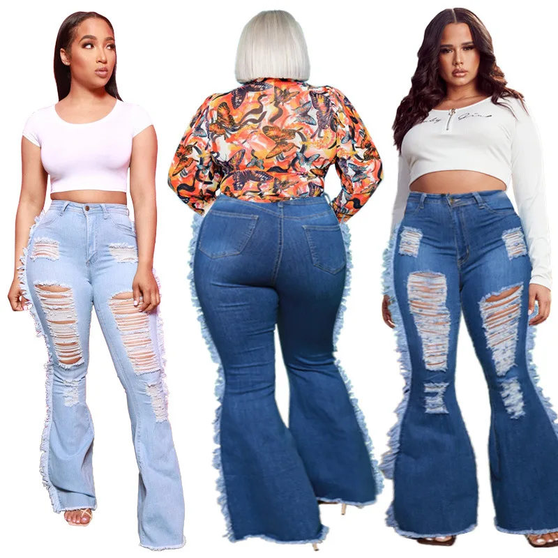 

Women Jeans Ladies Denim Mid Waist Street Hole Wash Water Tassels Plus Size Women Flare Denim Jeans Pants