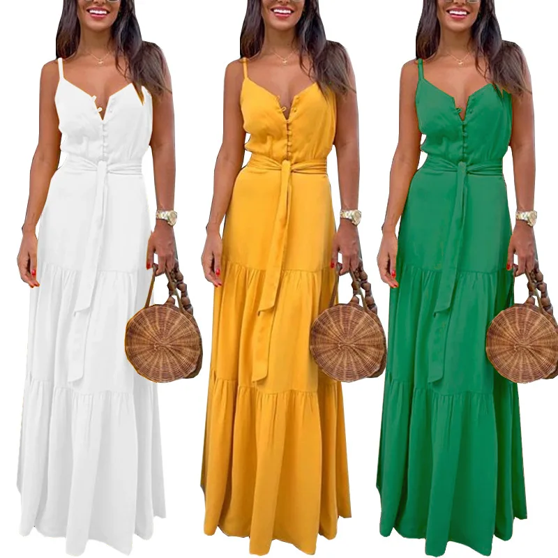 Women's Halter Dress Sexy V-neck Button Belt Long Dress for Ladies Beach Party Holiday Sling Dresses
Women's Halter Dress Sexy V-neck Button Belt Long Dress for Ladies Beach Party Holiday Sling Dresses