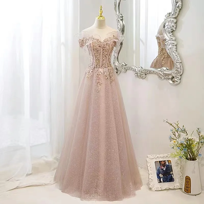 

Elegant Pink Evening Dresses Boat Neck A-Line Off Shoulder Plunging Beading Sequined Sleeveless Formal Banquet Party Prom Gowns