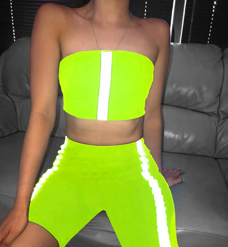

Stretchy Neon Reflective Striped Biker Shorts Set Tracksuit Women Two Piece Fitness Crop Top And Short Matching Sets, Black,green,orange