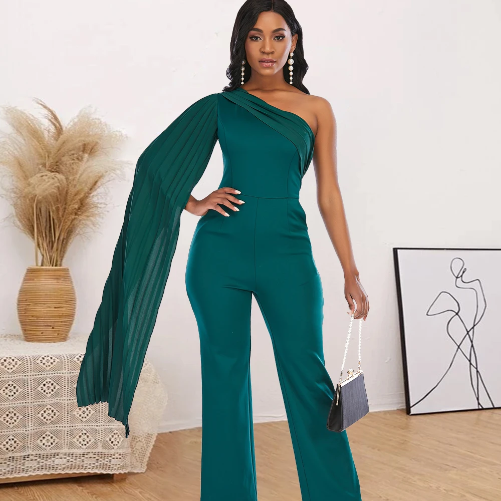 Sexy Party Patchwork Pleat Wide Leg Pants One Shouder Women Jumpsuits, Green 
Sexy Party Patchwork Pleat Wide Leg Pants One Shouder Women Jumpsuits, Green