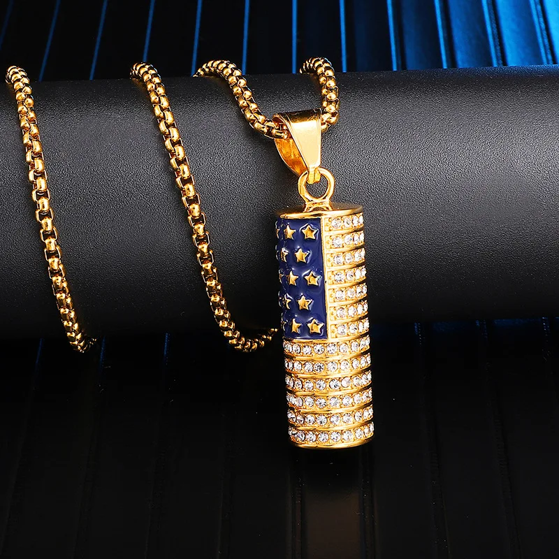HongTong European and American Hip Hop Stainless Steel Color Preserving Cylindrical American Flag Diamond Pendant Necklace, Picture
HongTong European and American Hip Hop Stainless Steel Color Preserving Cylindrical American Flag Diamond Pendant Necklace, Picture