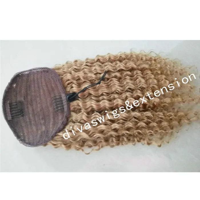 

140g Kinky Curly Human hair pony blonde 27 clip in virgin Brazilian Hair Drawstring Ponytails Human hair Extensions