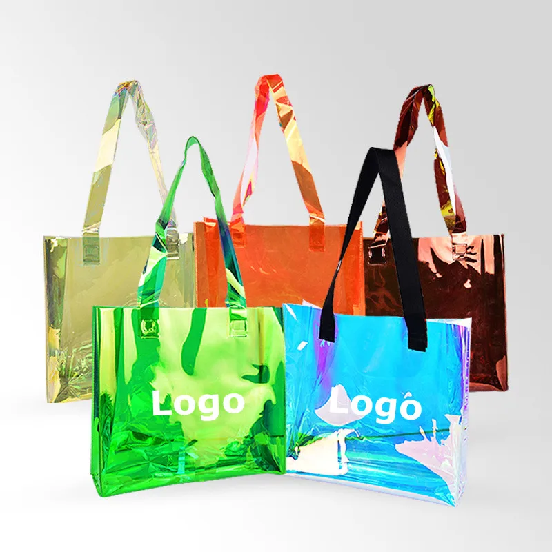 Personalized custom holographic transparent tote bag pvc colorful shopping bag with custom logo, As photo
Personalized custom holographic transparent tote bag pvc colorful shopping bag with custom logo, As photo