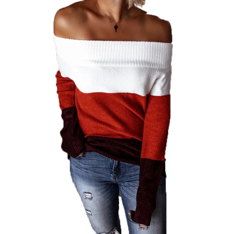 2021 new autumn and winter women's off shoulder sexy Pullover color matching knitted sweater long sleeve casual women's Pullover
2021 new autumn and winter women's off shoulder sexy Pullover color matching knitted sweater long sleeve casual women's Pullover