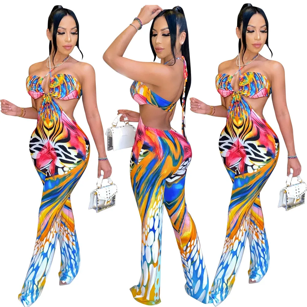 

Summer Sexy Fashion Deep V Print Wrapped Chest HOBISH Halter Jumpsuit women clothing 2021