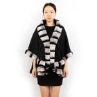 DH IATOYW fashion warm chinchilla fur cape women cashmere shawl with rex rabbit fur edge