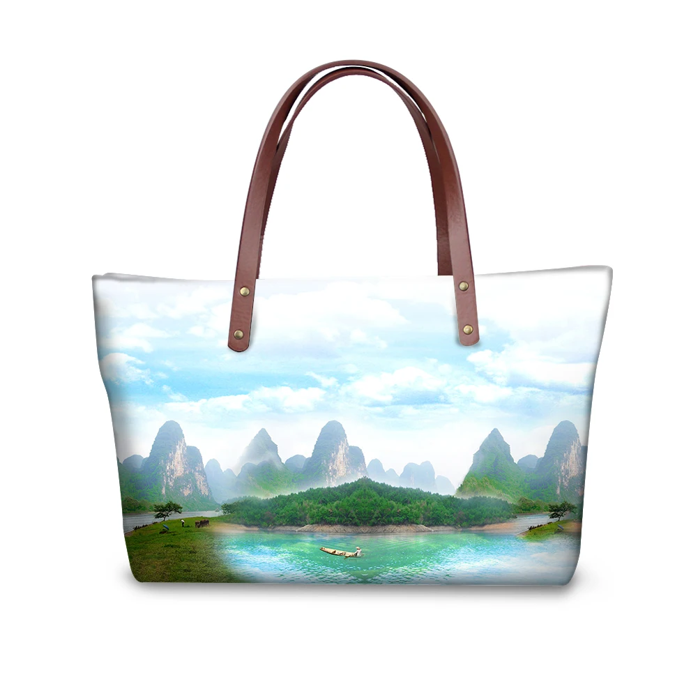 Custom full print landscape tote bag PU handle beach bag Cheap handbag for Women
Custom full print landscape tote bag PU handle beach bag Cheap handbag for Women