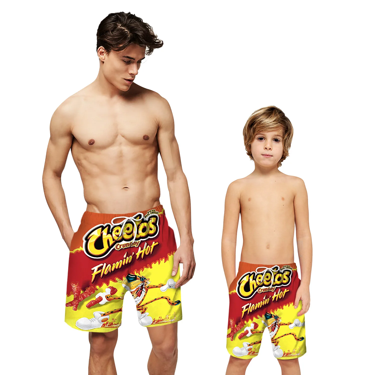 New arrival cheeto snack digital print tethered elastic waistband beach adults and children short pants, Multi-colors
New arrival cheeto snack digital print tethered elastic waistband beach adults and children short pants, Multi-colors