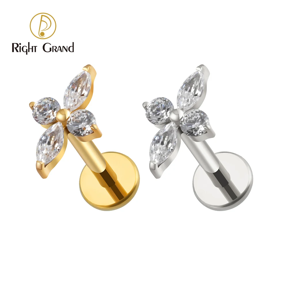 

Right Grand ASTM F136 Titanium Prong Set CZ Flower Marquise Stud Earring Tragus Helix Cartilage Piercing Jewelry