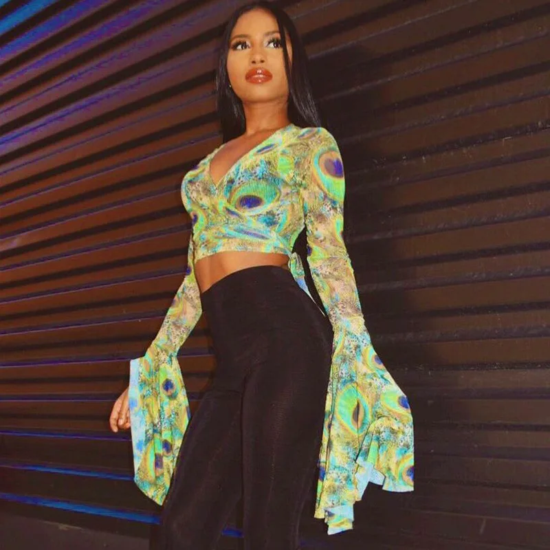 2021 Summer Printed Blouses Top Mesh Lace-up Irregular Sexy Summer Flare Sleeve Bandage Sexy Crop Top T-shirt, Picture
2021 Summer Printed Blouses Top Mesh Lace-up Irregular Sexy Summer Flare Sleeve Bandage Sexy Crop Top T-shirt, Picture