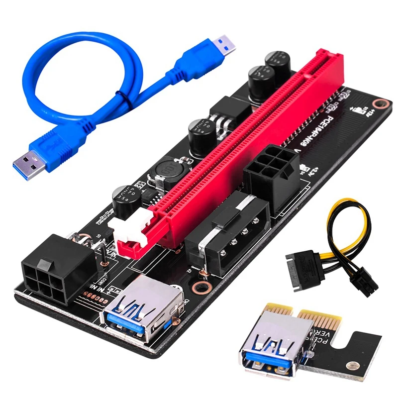 

riser ver 009s USB 3.0 PCI-E Express 1X 4x 8x 16x Extender Dual 6Pin Adapter Card SATA 15pin pcie Riser ver009S for BTC Miner, As picture