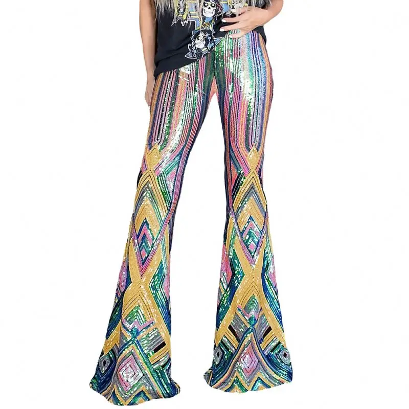 

2021Clear Latest Fashion Multicolor Geometric Sequin Flared High Waist Pants Women
