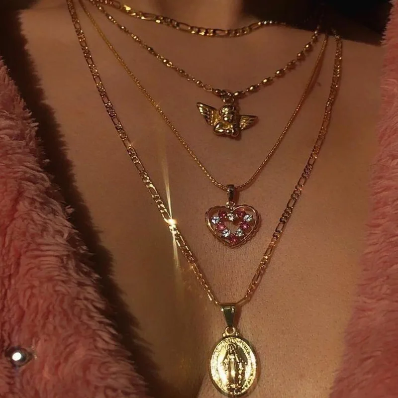 Personality Party Jewelry Heart Angel Virgin Mary Pendant Necklace Multilayered Gold Chain Crystal Heart Necklace
Personality Party Jewelry Heart Angel Virgin Mary Pendant Necklace Multilayered Gold Chain Crystal Heart Necklace