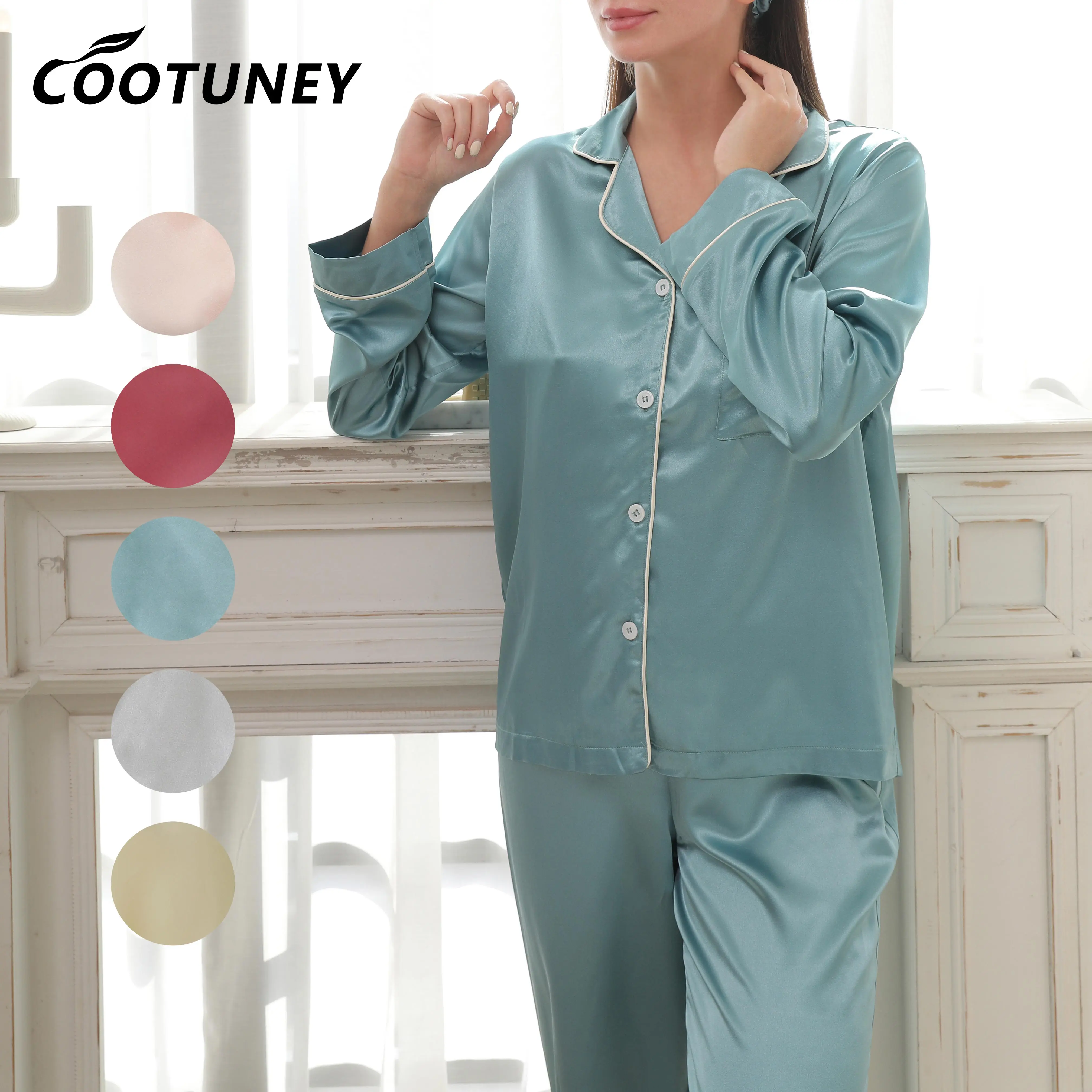 Custom Logo Ladies Sleepwear Solid V Neck Long Sleeve PJ Set Nightwear Silk Satin Pajamas Set
Custom Logo Ladies Sleepwear Solid V Neck Long Sleeve PJ Set Nightwear Silk Satin Pajamas Set